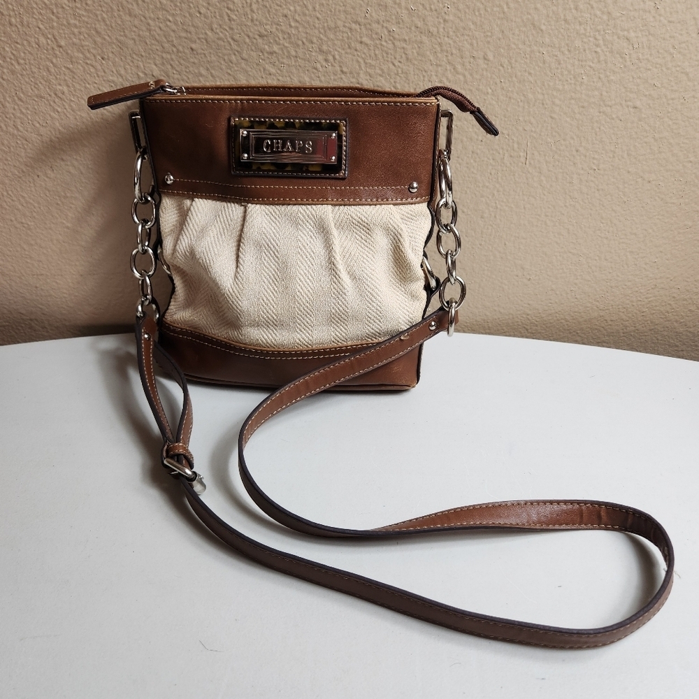 Chaps Womens Cream Canvas Herringbone/Brown Faux Leather Crossbody